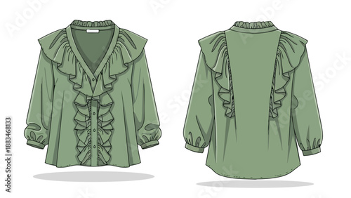 Elegant sage green women's blouse intricate ruffle details on front and shoulders showcasing a chic v-neck and three-quarter puffed sleeves ideal