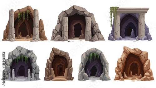 Collection of various underground cave entrances including rocky openings ancient portals and overgrown stone arches.