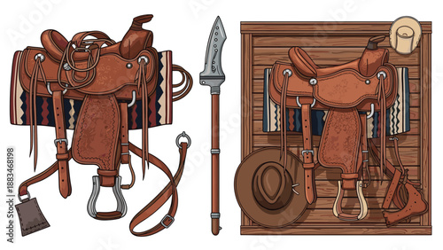Traditional western horse saddles with leather details and a decorative spear for equestrian sports or historical displays.