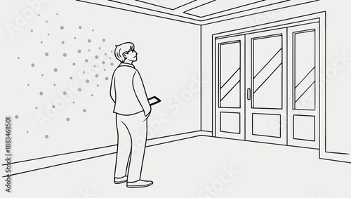 Man standing in empty room with invisible ai presence shown through environmental effects and digital particles around him