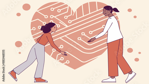 Two women connect to a heart shaped circuit board symbolizing machine empathy and human relationship in a warm glowing illustration
