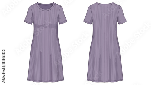 Elegant ribbed purple short-sleeve dress design, front and back view fashion illustration for casual and comfortable everyday wear or stylish