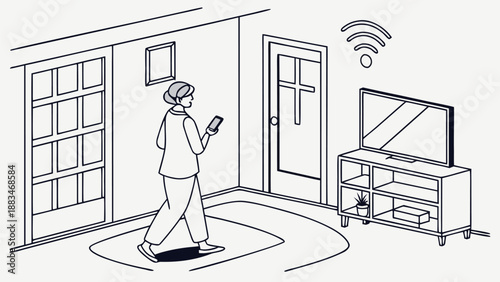 Future home automation concept with person controlling smart tv with smartphone in living room with wireless connectivity