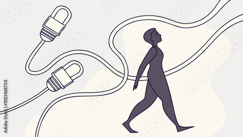 Person walking with glowing cable tied around waist symbolizing technology dependency and modern life