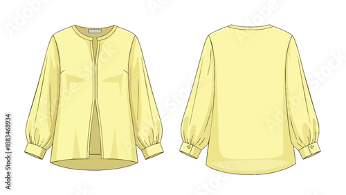 Modern yellow blouse design with elegant balloon sleeves. Flat fashion sketch for versatile apparel projects.