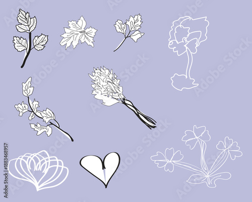 Whimsical floral illustrations with heart on light purple background