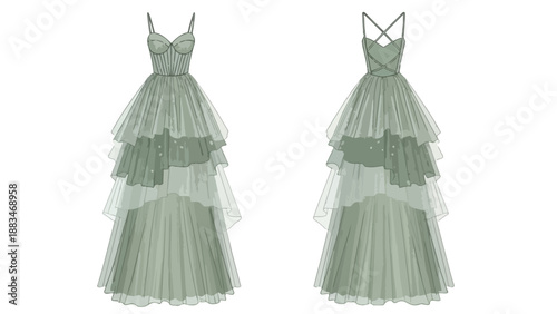Elegant sage green tiered gown fashion illustration with delicate spaghetti straps, flowing skirt design, ideal for formal occasions, showcasing