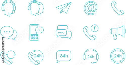 Colorful Communication Interface Flat Vector Icons Set Phone Call, Video Chat, Customer Service, Support, Technical Audio, Profile, Time, and Mobile App Symbols