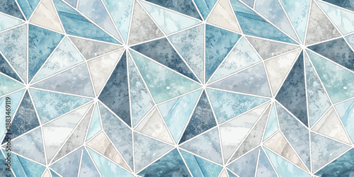 Geometric abstract background featuring a variety of blue and beige triangles in a harmonious layout.
