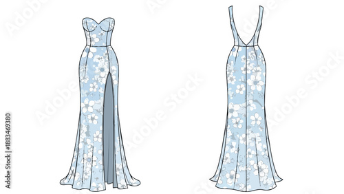 Technical illustration of a chic blue floral maxi dress. Features a sweetheart neckline, high front slit, and elegant deep V-back for apparel design