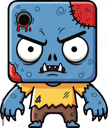 Cartoon zombie character with blue square head, stitched wounds, angry expression, tattered clothes, Halloween monster illustration for spooky design themes
