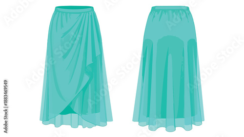 Stylish flowing aqua maxi skirt vector illustration presenting a chic draped front design alongside a classic gathered back an ideal piece for