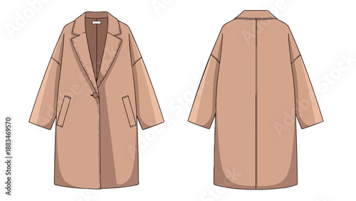 Oversized long coat flat illustration. Front and back views. Neutral tone. Notched lapel, single button, pockets. Modern apparel design. Seasonal