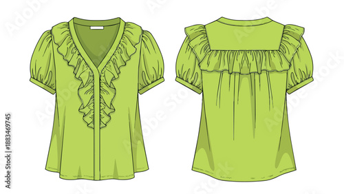 A casual green blouse featuring elegant ruffled V-neck detailing and stylish puffed short sleeves, presented in a crisp vector illustration from