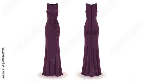 Elegant deep plum evening gown front and back views for formal occasions timeless fashion design vector illustration.