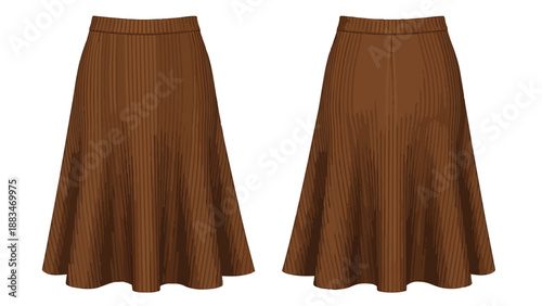 Brown pleated midi skirt vector illustration front and back views a versatile apparel design asset for fashion templates for clothing production plans