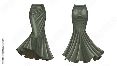 Sophisticated draped mermaid skirt fashion illustration showcasing intricate design details and elegant silhouette from front and back perspectives