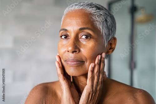 40 year old African American woman applying moisturizer to her face. Skin beauty and elasticity after 40. A woman embraces her age, applying moisturizer to maintain her skin's youthful appearance.
