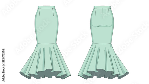 Detailed fashion technical flat drawing of an elegant mermaid-style skirt. This design features a close-fitting bodice flowing into a stylishly