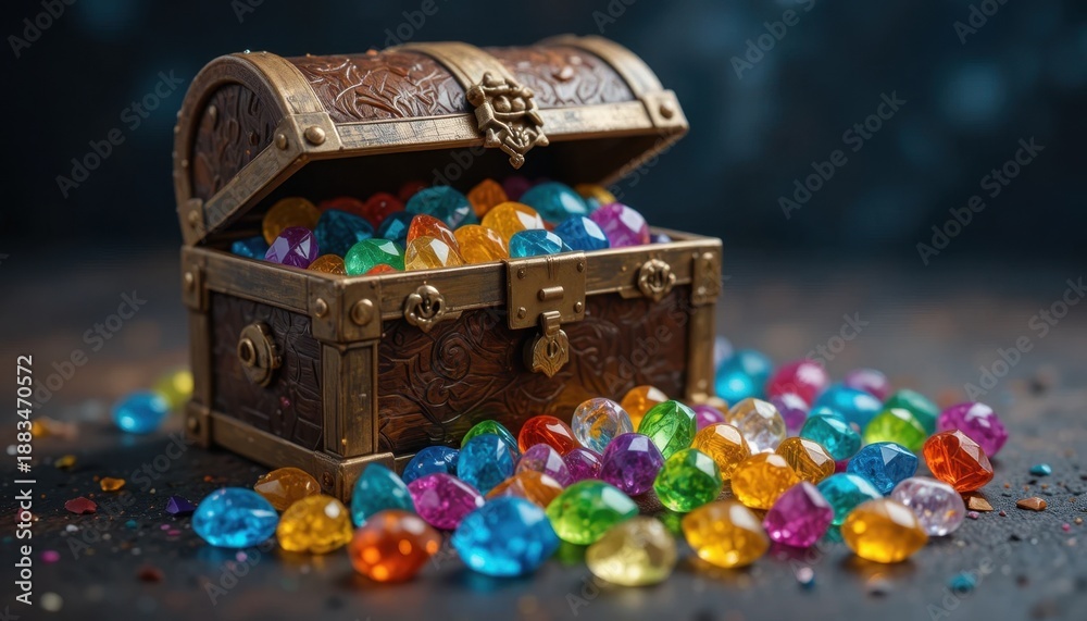 Obraz premium Treasure Chest Overflowing With Colorful Gems on a Dark Background