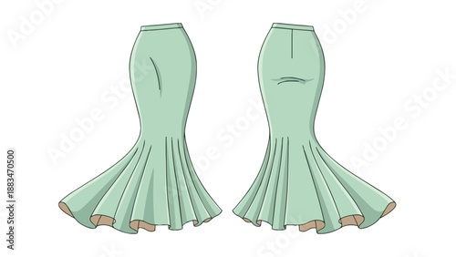 Elegant mermaid skirt technical flat drawing in soft mint hue showcasing intricate design details