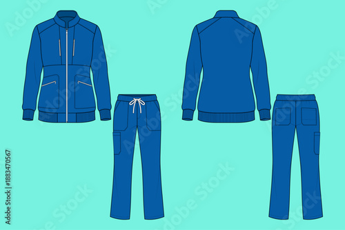 Performance Medical Scrub Set: Zip-Front Bomber Jacket and Multi-Pocket Utility Cargo Pants Technical Flat Sketch Outline