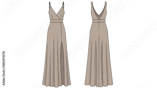 Elegant V-neck spaghetti strap maxi dress with front slit flat sketch illustration in neutral tone