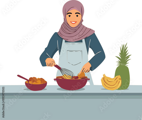 Flat vector illustration of a woman preparing food ingredients, symbolizing healthy cooking, home lifestyle, and daily activity.
