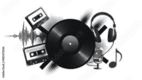 Vintage music equipment and accessories for DJ and music production  vinyl record player with headphones and cassettes