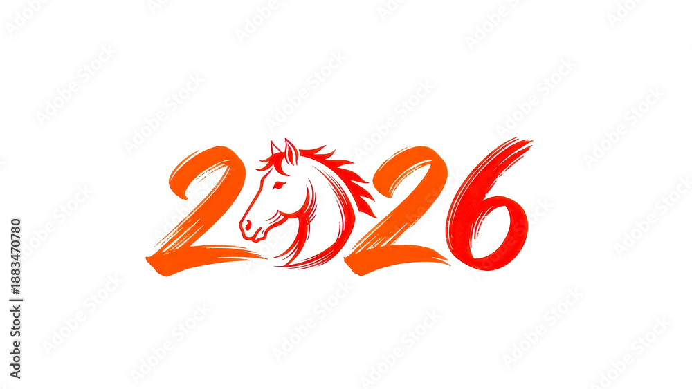 Obraz premium 2026 Year of the Horse Red Calligraphy Typography Isolated on White Background | Chinese Happy New Year 2026 