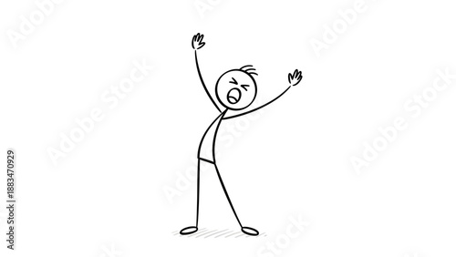 Excited Stickman Shouting with Raised Arms and Open Mouth in Bright Studio