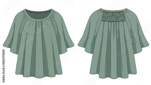 Contemporary women's loose-fit blouse illustration in serene sage green with delicate smocking and wide flared sleeves on white plain background