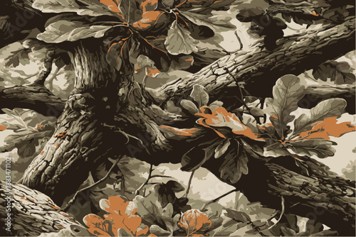 Oak tree camouflage pattern with green and brown leaves on the branches.Camouflage background. Vector camouflage texture. Forest pattern. Jungle background. Digital camouflage. Woodland camo.