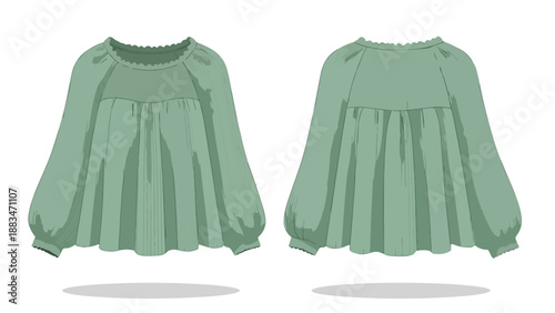 Elegant green women's casual top illustration, featuring long gathered sleeves, a ruffled neckline, and a relaxed, comfortable silhouette ideal for
