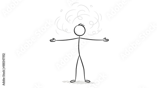 Overwhelmed Stick Figure Man Feeling Confused with Swirling Lines Above Head, Expressing Uncertainty on Isolated White Background