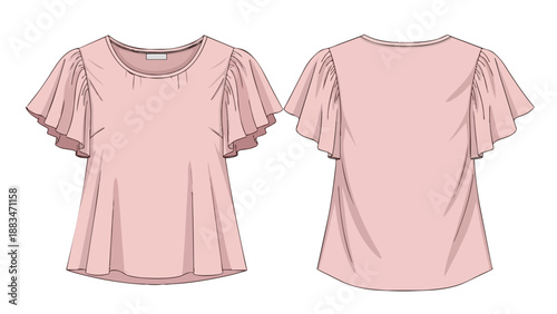Elegant pastel pink women's blouse design with ruffled short sleeves technical flat sketch illustration