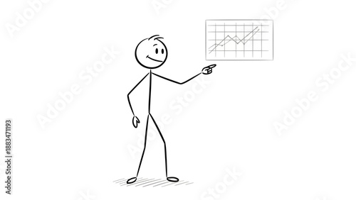 Stick figure man presenting and pointing at a line graph, explaining trends, on an isolated white background.