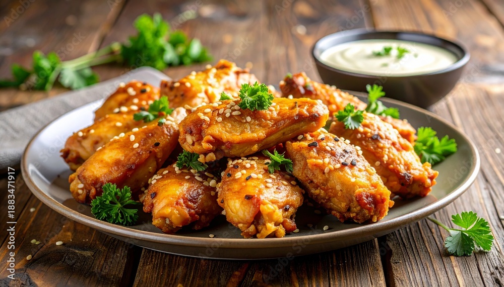 Fototapeta premium Crispy golden honey butter chicken wings on a plate, garnished with sesame seeds and parsley, with creamy dipping sauce, on a rustic wooden table.