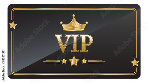 Exclusive vip membership card with golden crown and stars on a black background