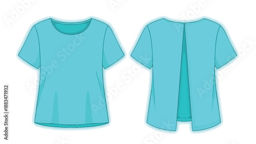 Aqua short-sleeve top flat sketch showing front and unique back slit design technical drawing for fashion illustration and pattern development garment
