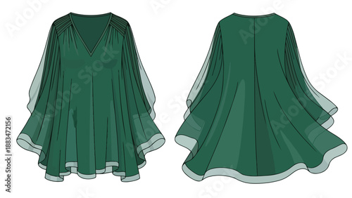 Elegant green women's tunic design with V-neck and flowing sleeves, detailed front and back flat sketch