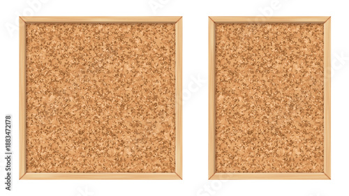 Cork vector board with wooden frames and natural cork texture with an irregular grains pattern. Educational pins billboard, office board workspace, productivity desk template