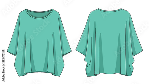 Modern aqua green relaxed fit top flat sketch showing front and back views apparel template