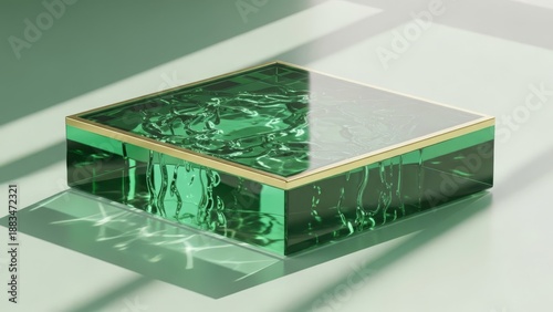Elegant green glass box with gold trim on light green surface with shadow play