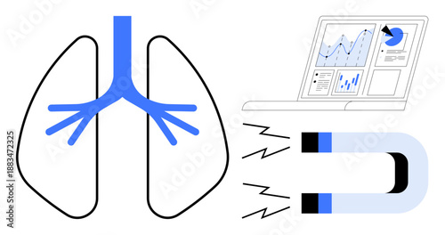 Medical research, healthcare analytics, lung health, respiratory science, data trends, magnetism. Lungs illustration, magnet and data on a laptop screen. Medical research and healthcare analytics