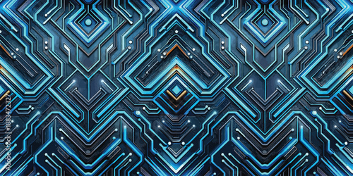 Intricate blue and black circuitry pattern, showcasing modern technology and design elements.