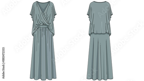 Professional fashion design technical drawing for a comfortable draped maxi dress in a soft hue