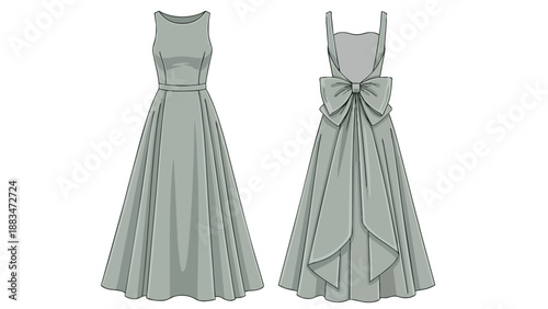 An intricate fashion flat drawing showcasing the sophisticated front and elegant back view of a sleeveless floor-length gown with a grand bow design