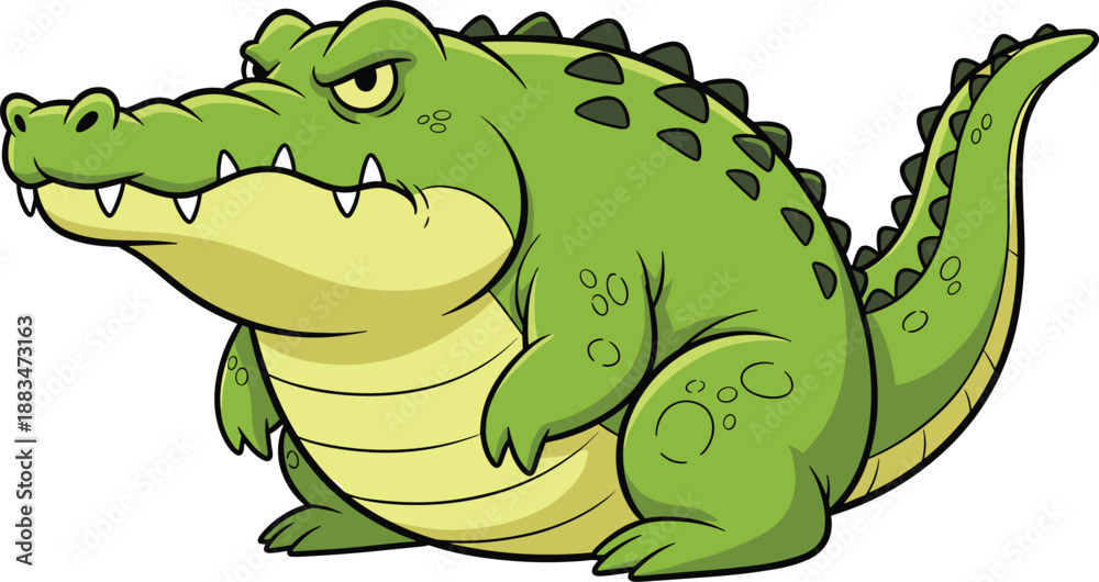 Naklejka premium Grumpy cartoon crocodile character with green body, expressive face, curled tail, and teeth, perfect for kids, education, and animation.