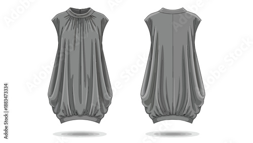 Sleek gray sleeveless tunic flat illustration. Front and back garment views reveal a charming gathered neckline and a distinctive balloon hem. Ideal